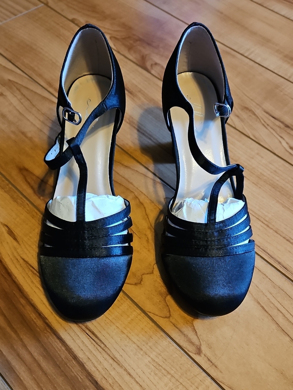 Ellie Black Satin T-Strap Heels with Multi-Strap Toe